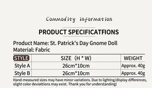 Tabella delle taglie con dimensioni per lo gnomo di San Patrizio alto 26 cm