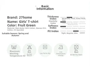 Tableau des tailles pour t-shirt fille vert avec composition coton et conseils de lavage