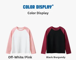 Detail view of cotton raglan long sleeve t-shirts in pink and burgundy color combinations