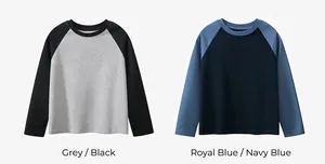 Flat lay of cotton raglan t-shirts in grey-black and royal blue-navy color combinations