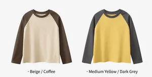 Flat lay of kids' raglan long sleeve t-shirts in almond/coffee and yellow/grey colors
