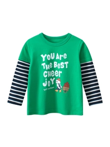 T-Shirt Manches Longues Faux Deux Pièces Pour Filles Coton Imprimé Chien Vert Rayé Col Rond Top Décontracté Enfants