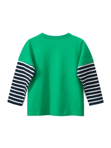 T-shirt filles à manches longues avec corps vert et manches rayées bleues décontracté