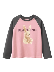 T-Shirt À Manches Longues Pour Filles Coton Raglan Couleur Contrastée Imprimé Lapin Hauts De Style Coréen Décontractés
