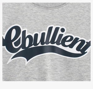 Detail of grey sweatshirt rib collar with Ebullient cursive letter print and white piping