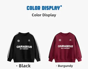 Detail view of cotton sweatshirts in black and jujube red with bold lettered graphics
