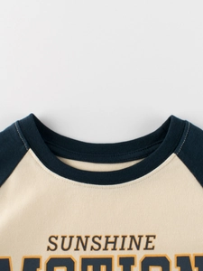 Kids long sleeve raglan T-shirt with vintage Sunshine graphic and navy blue sleeves