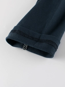 Detail of dark blue cotton knit cuff with professional double-needle stitching