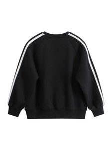 Classic black crew neck sweatshirt for boys featuring sporty white striped raglan sleeves