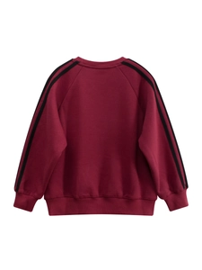 Kids burgundy letter sweatshirt with black stripes on sleeves in soft fleece fabric