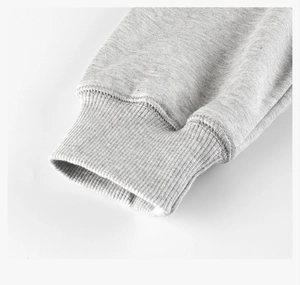 Detail shot of the elastic rib-knit cuffs on this grey heather cotton blend sweatshirt
