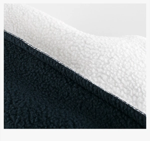 Detail of navy and white sherpa fleece fabric showing soft texture and stitching