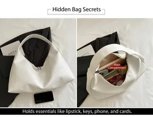 White crescent underarm bag interior showing large capacity for tablet and cosmetics