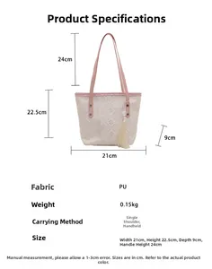 Detailed size chart showing a beige PU leather tote with embroidery and pink handle