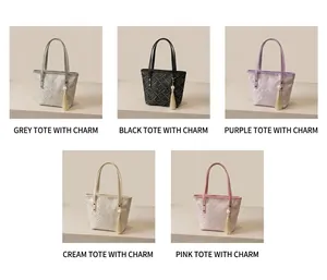 Detailed grid view showing five textured tote bags in grey, black, purple, white and pink