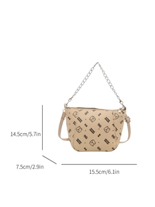 Beige bucket bag with letter print and silver chain strap, size 15.5x14.5x7.5cm