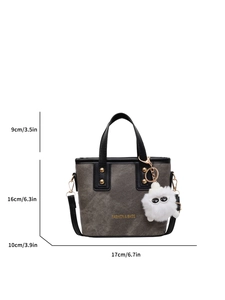 Mini grey denim tote bag with plush charm and dimensions, 17x16x10cm stylish bucket handbag