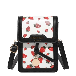 Vertical white crossbody phone bag with strawberry print and adjustable black strap