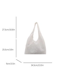 Floral lace embroidery white canvas tote bag with large capacity and detailed dimensions