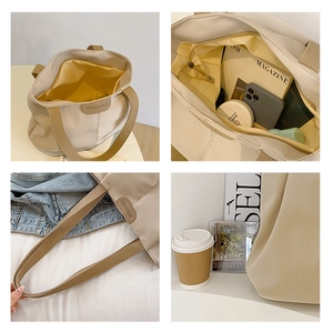 Détails du sac en toile avec doublure jaune, poche intérieure zippée et logo en cuir