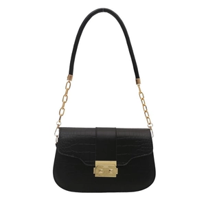 Classic black crocodile pattern shoulder bag with a gold metal lock and chain strap
