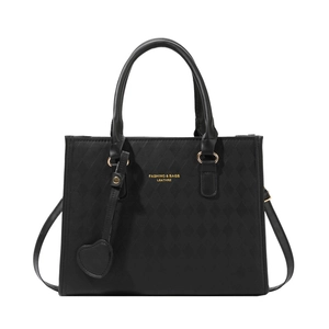Minimalist black tote bag with diamond lattice texture and gold lettering on white background