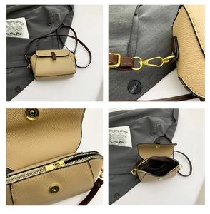 Detailed views of light brown crossbody bag with gold hardware and lychee grain texture