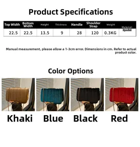 Size guide for velvet crossbody bag featuring detailed dimensions and 4 color variants