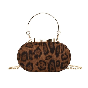Vintage handtas met luipaardprint, gouden ronde handgrepen en afneembare metalen ketting
