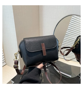 Détail du sac bandoulière en cuir grainé noir avec sangle marron et garnitures dorées