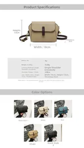 Guide des tailles de sac bandoulière en PU avec dimensions 18x13x8cm et divers coloris