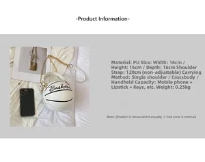 Detail view of white basketball shaped crossbody bag with chain strap and 16cm dimensions