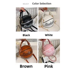 Creative basketball shaped crossbody bags in black, white, brown and pink with chain straps