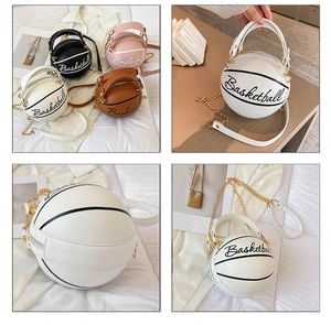Detail of round basketball-shaped crossbody bags showing textures and gold chain straps