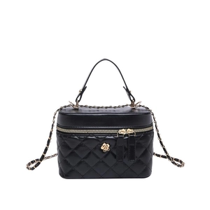 Quilted black leather handbag with gold rose charm and chain strap on white background