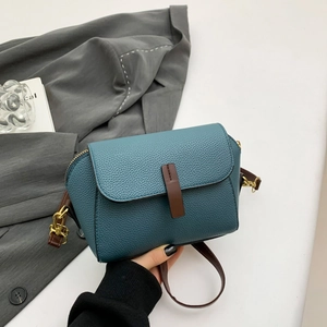 Women Crossbody Bag PU Leather Lychee Texture Small Square Bag Contrast Strap Fashion Flap Over Handbag For Daily