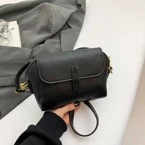 Classic black litchi texture leather crossbody bag with vintage gold hardware accessories