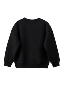 Classic black crewneck fleece sweatshirt for kids, ribbed cuffs and hem, casual spring style