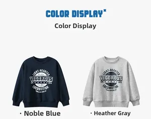 Detail of ribbed crew neck and vintage print on navy and grey kids sweatshirts