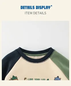 Detail showing the fleece lining and ribbed neckline of the patchwork color sweatshirt