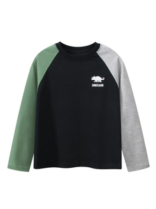 T-Shirt Manches Longues Enfant 100% Coton Raglan Bloc De Couleur Imprimé Dinosaure Col Rond Garçons Filles Haut