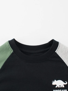 T-shirt dinosaure pour enfants avec manches raglan en coton noir vert et gris