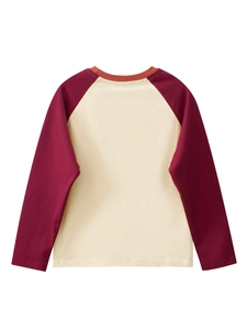 Kids' long sleeve raglan T-shirt with off-white body and red sleeves in back view