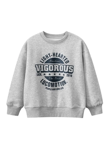 Light gray kids' crewneck sweatshirt with vintage blue graphic print in soft cotton