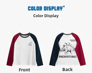 Front and back view of long sleeve raglan t-shirt with stegosaurus dinosaur graphic print