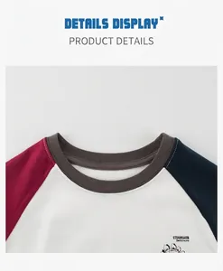 Close-up of raglan sleeves and ribbed crew neck on kids dinosaur graphic tee shirt