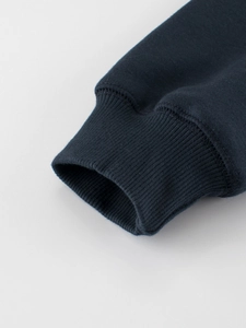 Kids navy fleece sweatshirt featuring durable ribbed cuffs and cotton blend texture