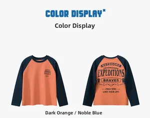 Detail of outdoor themed prints on boy's raglan long sleeve T-shirt in orange and navy