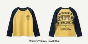 Detail of raglan sleeve long sleeve T-shirt in yellow and navy blue with vintage prints