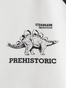 White long-sleeve cotton T-shirt featuring a vintage black stegosaurus graphic print